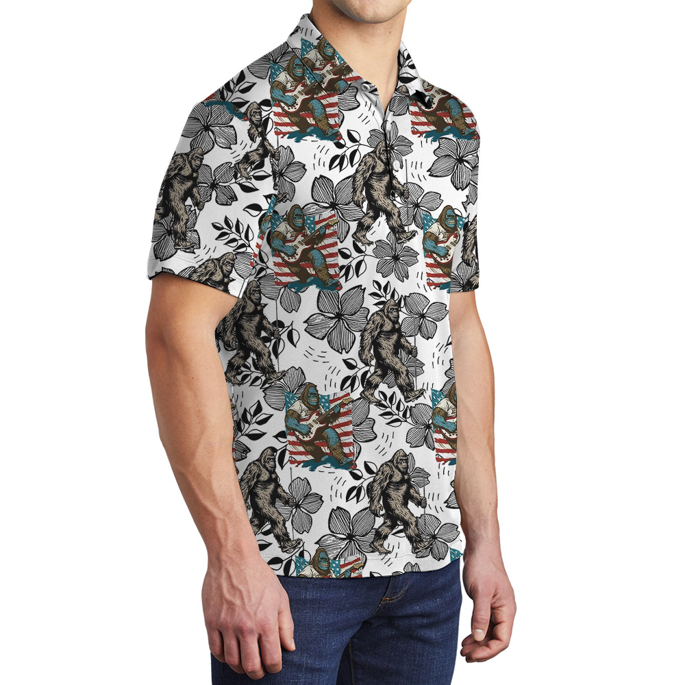Funny Bigfoot Playing Guitar Vintage Patriotic Hawaiian Polo Shirt