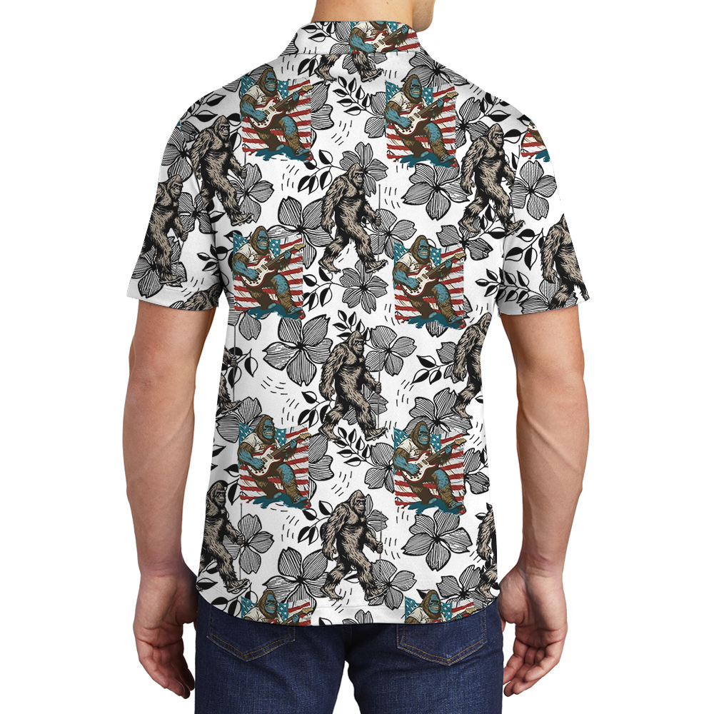Funny Bigfoot Playing Guitar Vintage Patriotic Hawaiian Polo Shirt