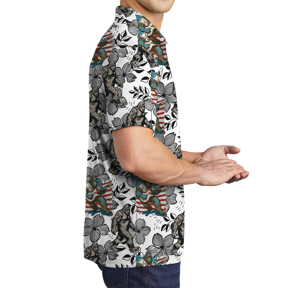 Funny Bigfoot Playing Guitar Vintage Patriotic Hawaiian Polo Shirt