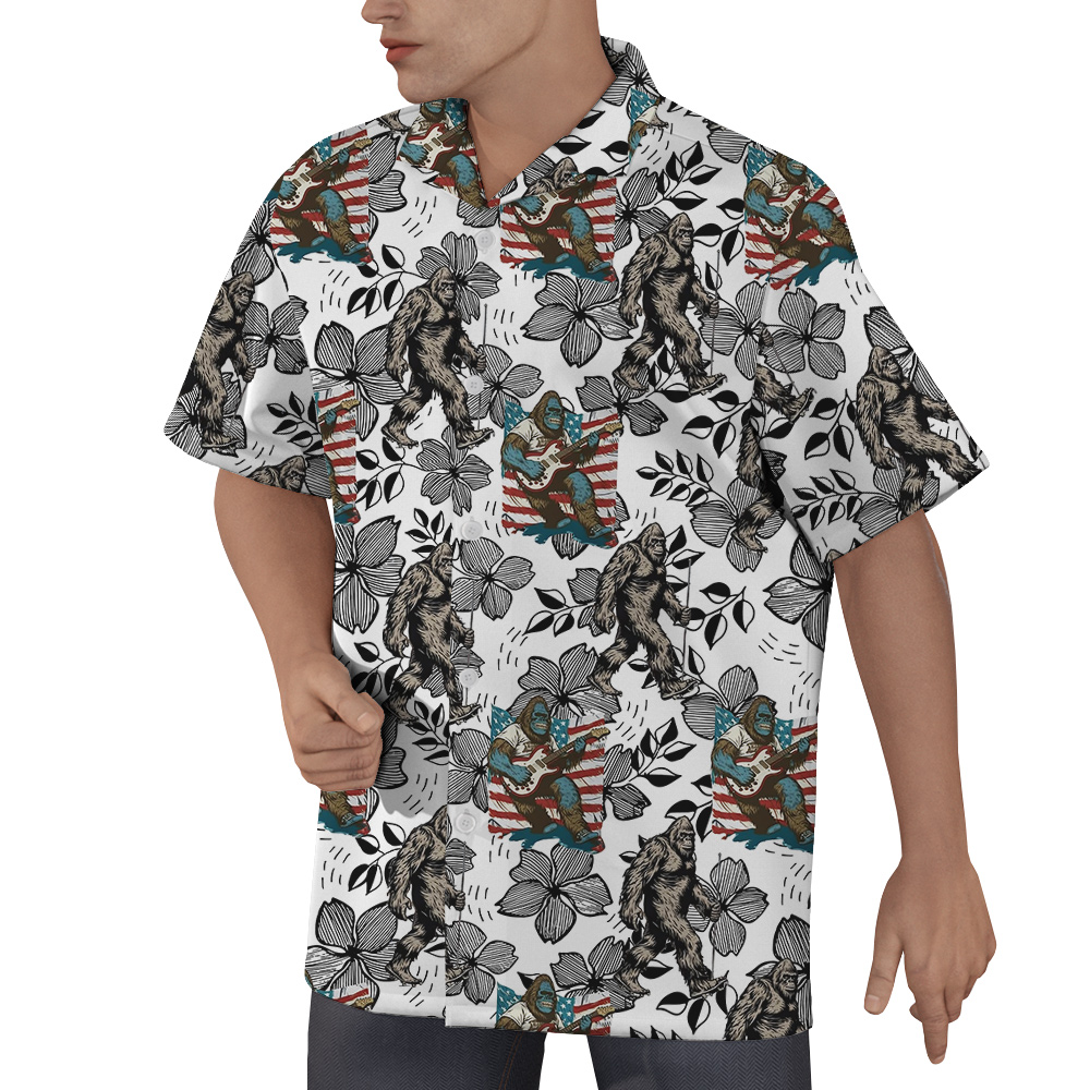 Vintage Bigfoot American Flag Floral Hawaiian Shirt