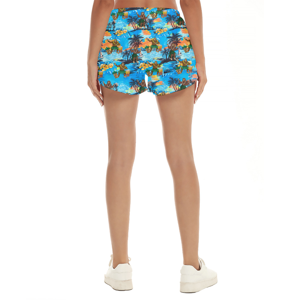 Funny Hula Bigfoot Tropical Islands Blue Hawaiian Beach Shorts For Women