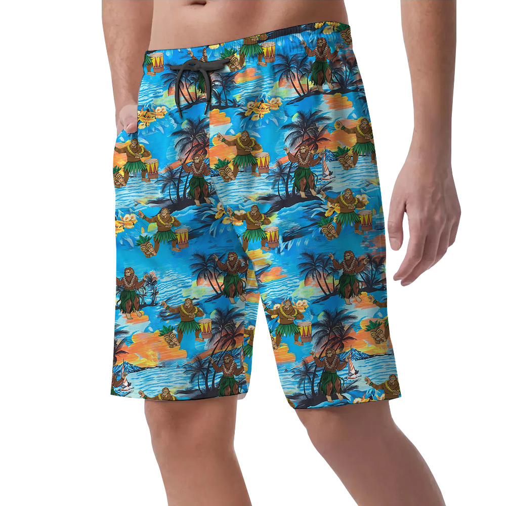 Funny Hula Bigfoot Tropical Islands Hawaiian Beach Shorts For Men