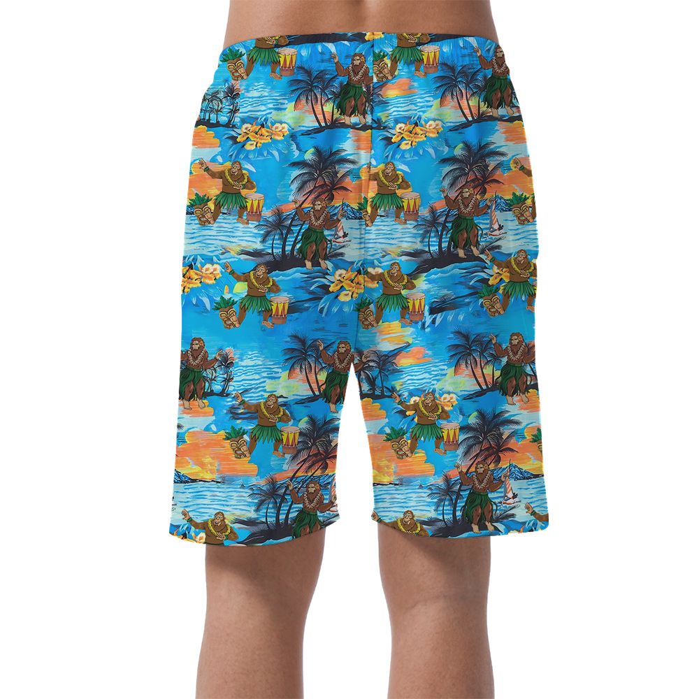 Funny Hula Bigfoot Tropical Islands Hawaiian Beach Shorts For Men
