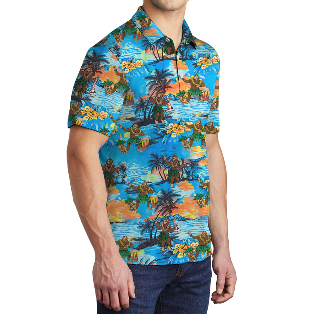 Funny Hula Sasquatch Tropical Islands Blue Hawaiian Polo Shirt For Men