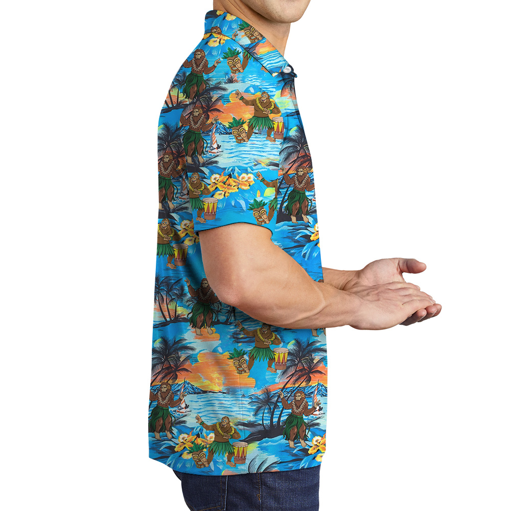Funny Hula Sasquatch Tropical Islands Blue Hawaiian Polo Shirt For Men