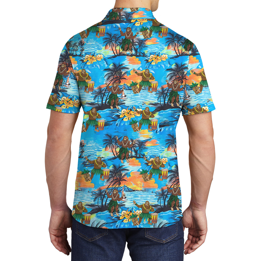 Funny Hula Sasquatch Tropical Islands Blue Hawaiian Polo Shirt For Men