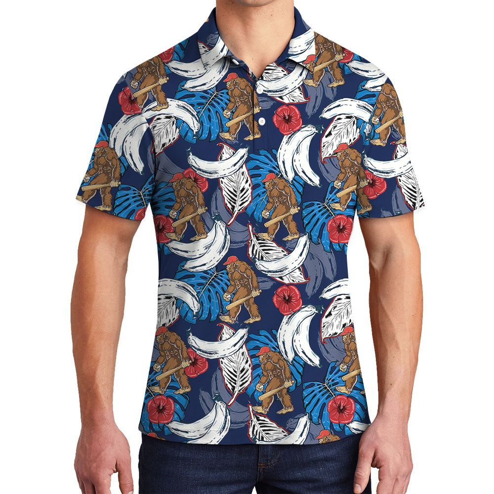 Funny Baseball Bigfoot Tropical Banana Blue Hawaiian Polo Shirt - variant image 1