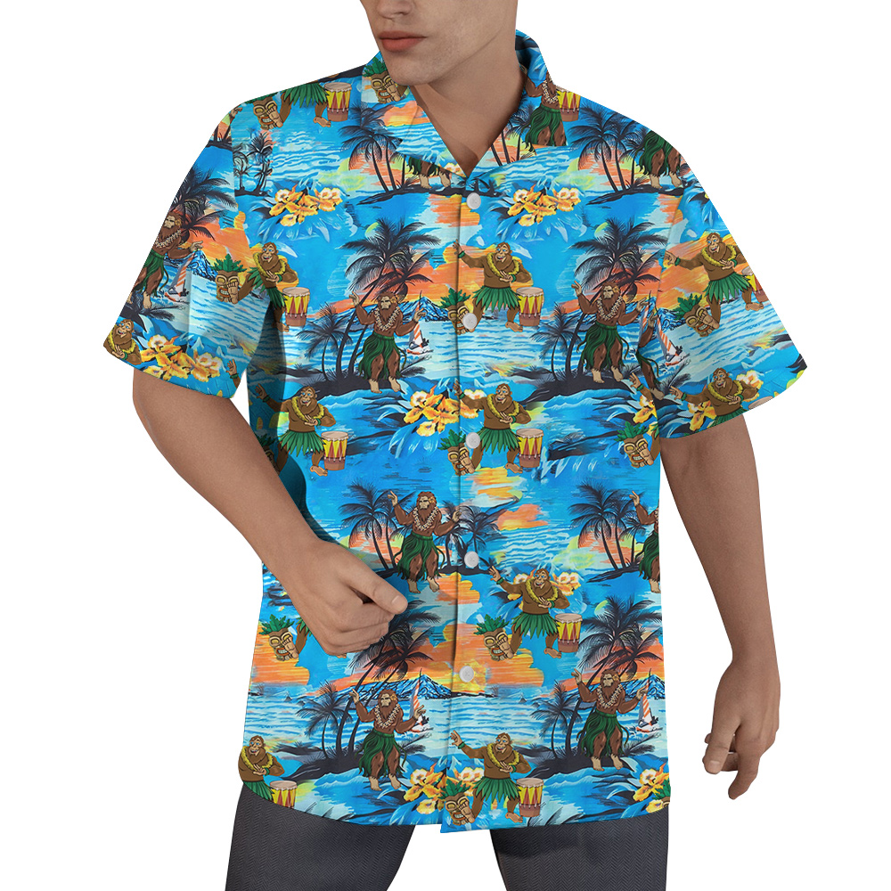 Hula Bigfoot Tropical Islands Blue Hawaiian Shirt - variant image 1