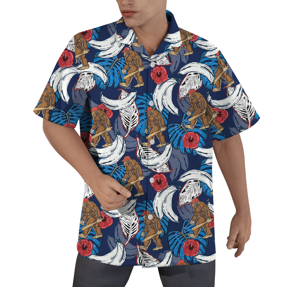 Funny Bigfoot Baseball Tropical Banana Blue Hawaiian Shirt - variant image 1