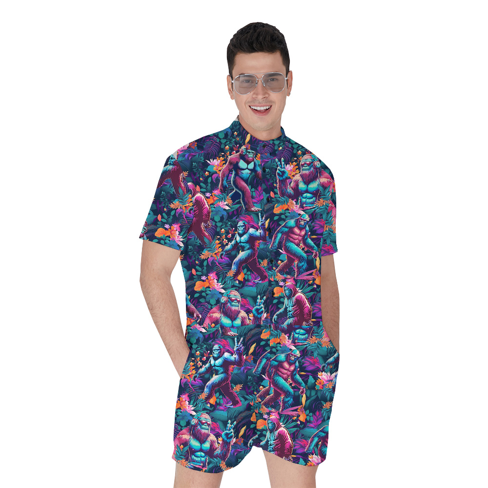 Funny Sasquatch Purple Tropical Men's Hawaiian Romper - variant image 1