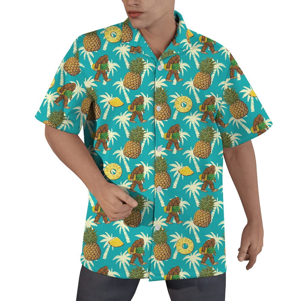 Bigfoot Pineapple Tropical Palm Trees Blue Hawaiian Shirt - variant image 1