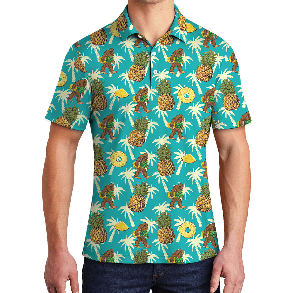 Vintage Pineapple Bigfoot Palm Trees Blue Hawaiian Polo Shirt - variant image 1