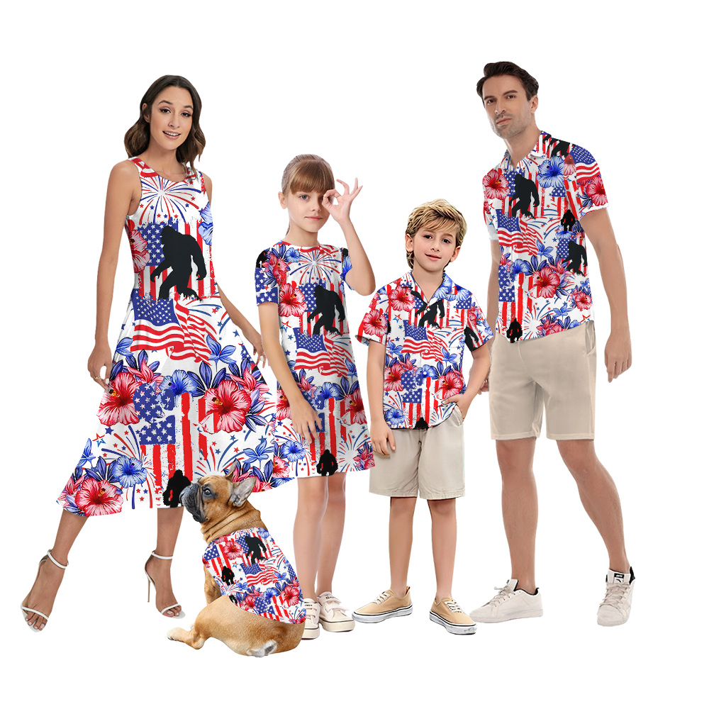 American Flag Bigfoot Hibiscus 4th Of July Matching Family Hawaiian Outfits - variant image 1