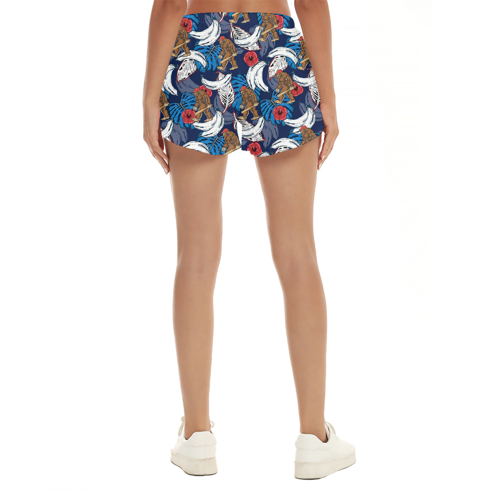 Cool Bigfoot Baseball Banana Tropical Blue Hawaiian Beach Shorts For Women