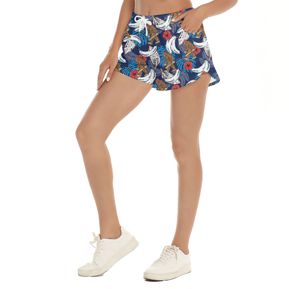 Cool Bigfoot Baseball Banana Tropical Blue Hawaiian Beach Shorts For Women