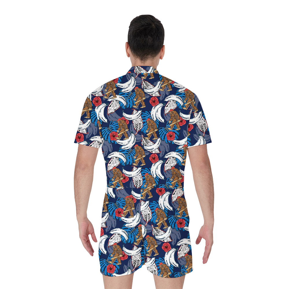 Funny Baseball Sasquatch Blue Tropical Men's Hawaiian Romper