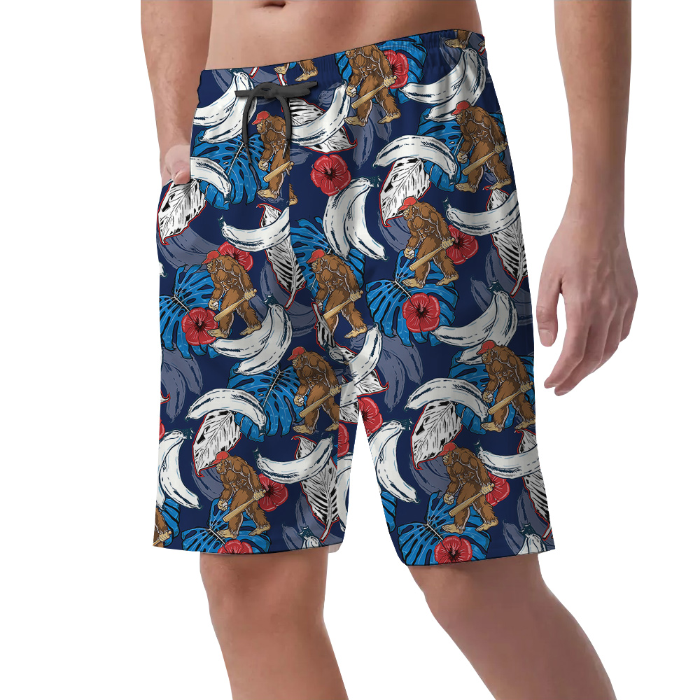 Baseball Bigfoot Blue Tropical Banana Hawaiian Beach Shorts For Men