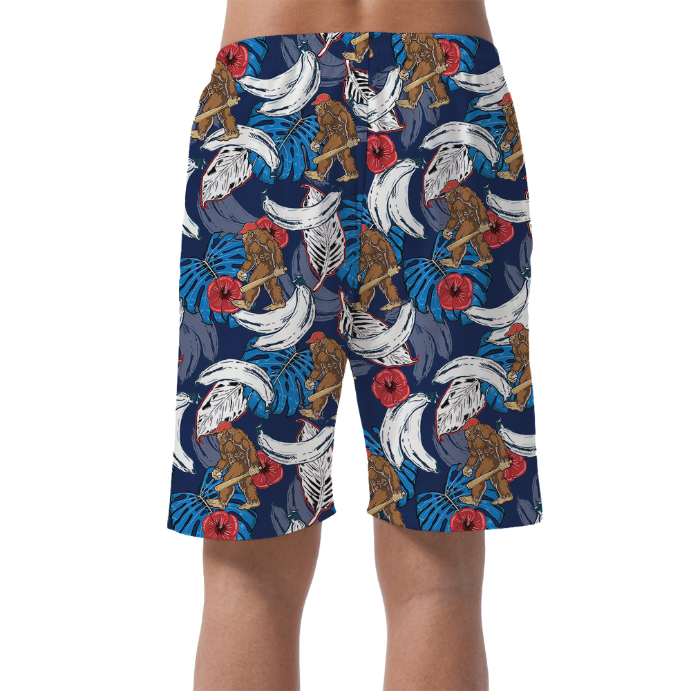 Baseball Bigfoot Blue Tropical Banana Hawaiian Beach Shorts For Men