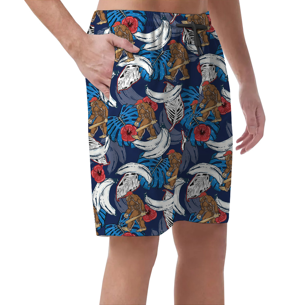 Baseball Bigfoot Blue Tropical Banana Hawaiian Beach Shorts For Men