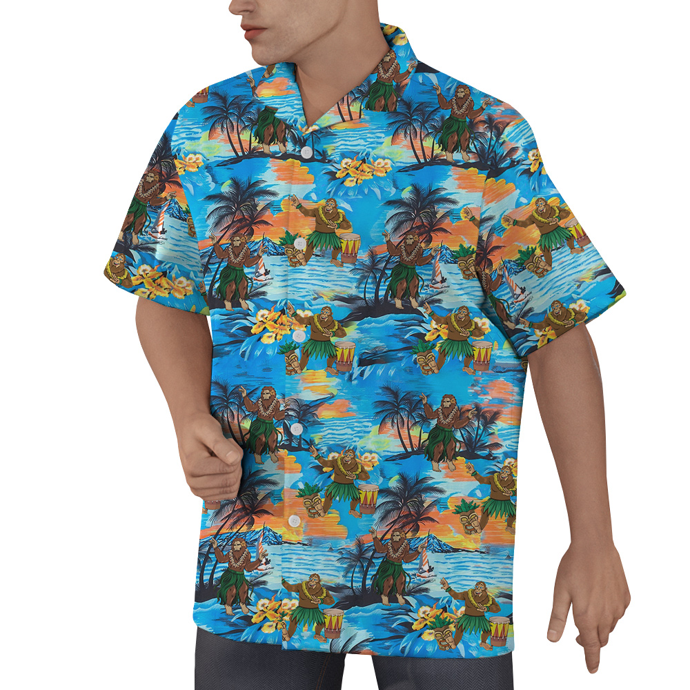 Hula Bigfoot Tropical Islands Blue Hawaiian Shirt