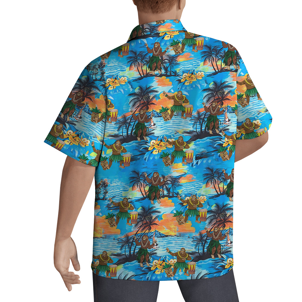 Hula Bigfoot Tropical Islands Blue Hawaiian Shirt