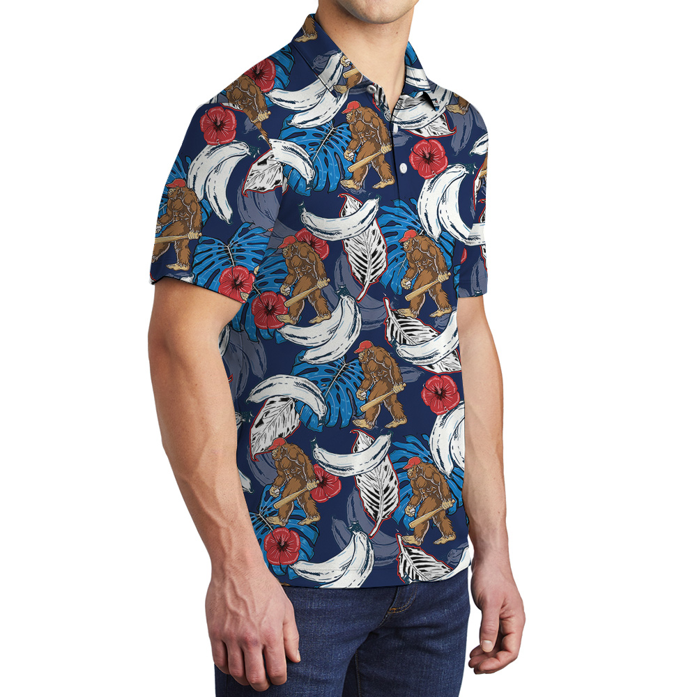 Funny Baseball Bigfoot Tropical Banana Blue Hawaiian Polo Shirt