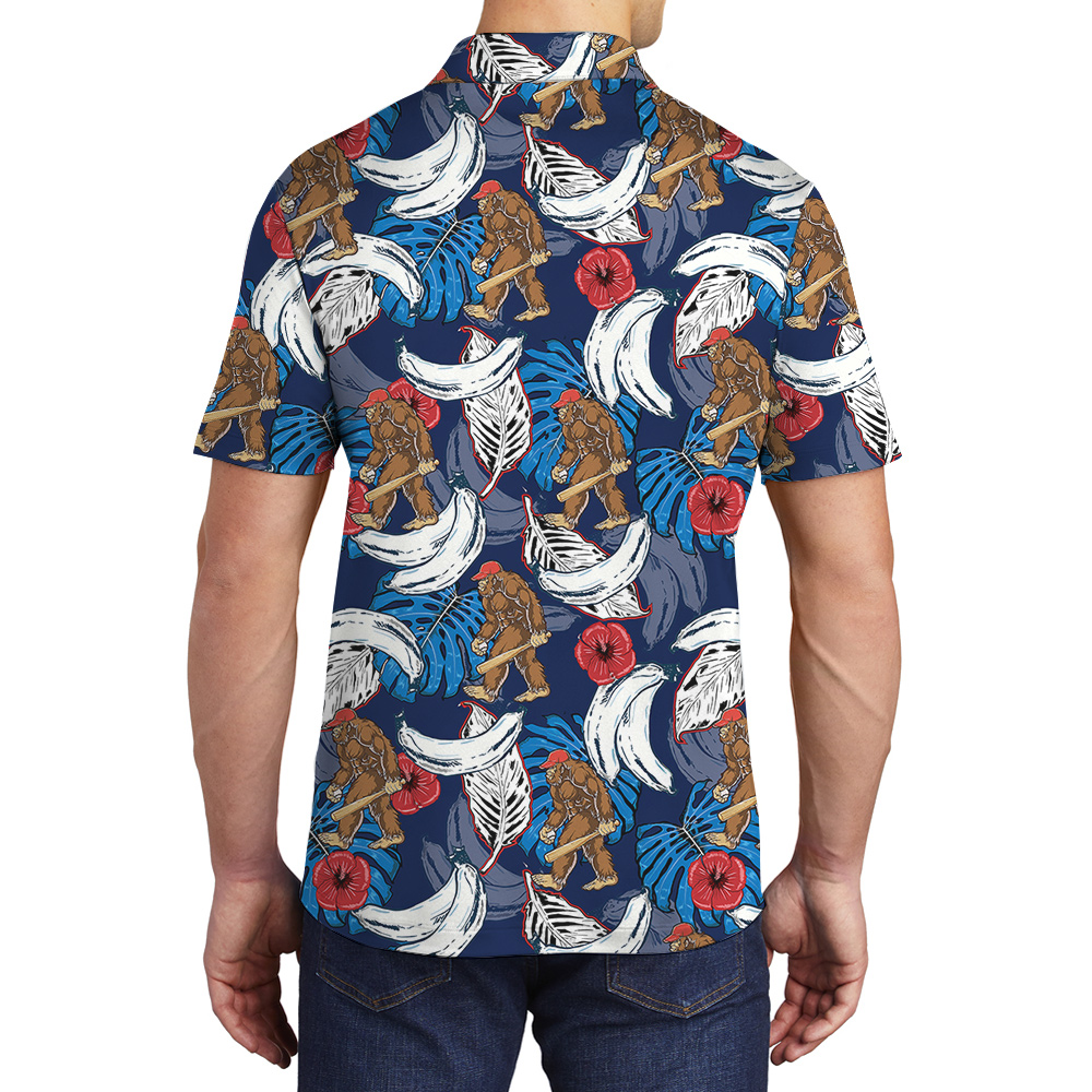 Funny Baseball Bigfoot Tropical Banana Blue Hawaiian Polo Shirt