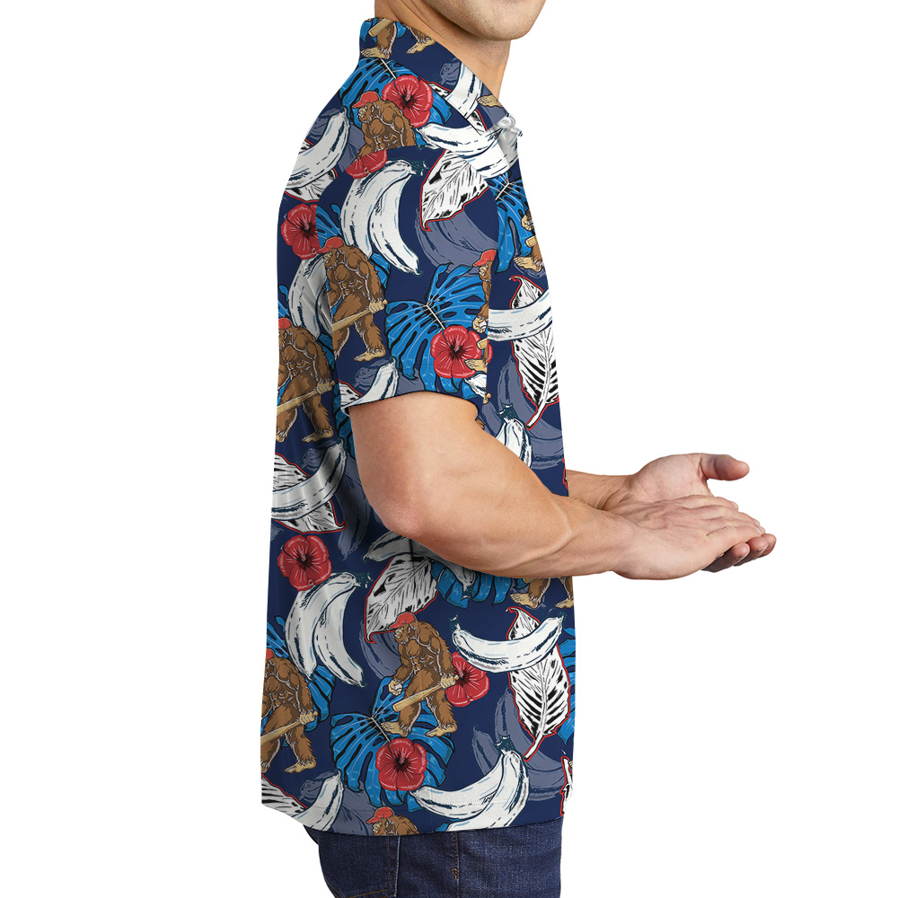 Funny Baseball Bigfoot Tropical Banana Blue Hawaiian Polo Shirt