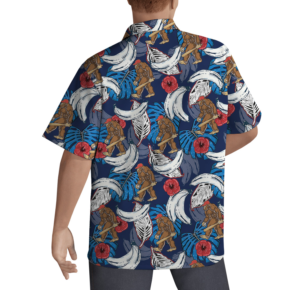 Funny Bigfoot Baseball Tropical Banana Blue Hawaiian Shirt