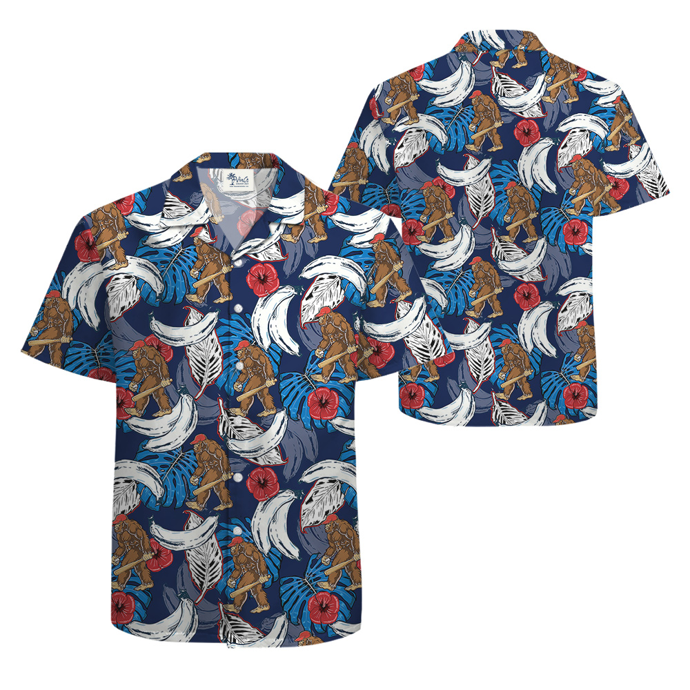 Funny Bigfoot Baseball Tropical Banana Blue Hawaiian Shirt
