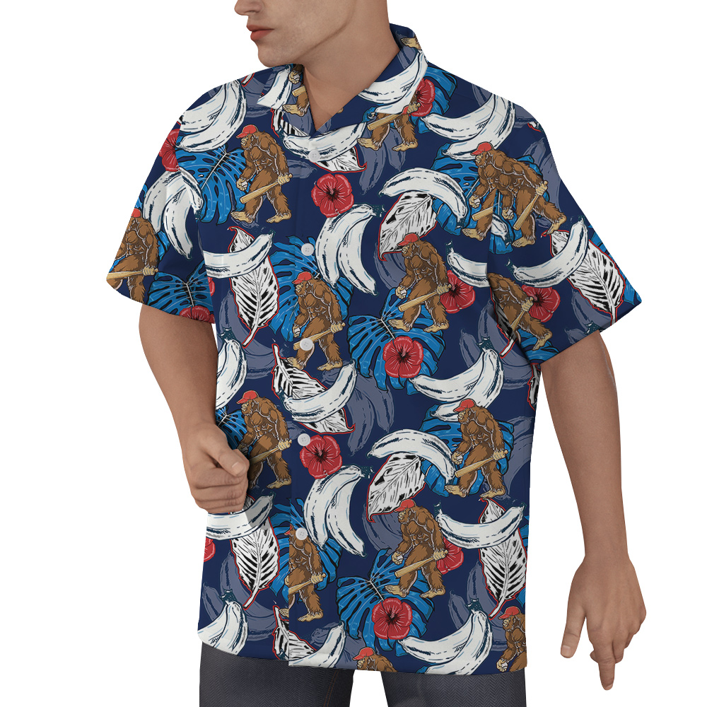 Funny Bigfoot Baseball Tropical Banana Blue Hawaiian Shirt
