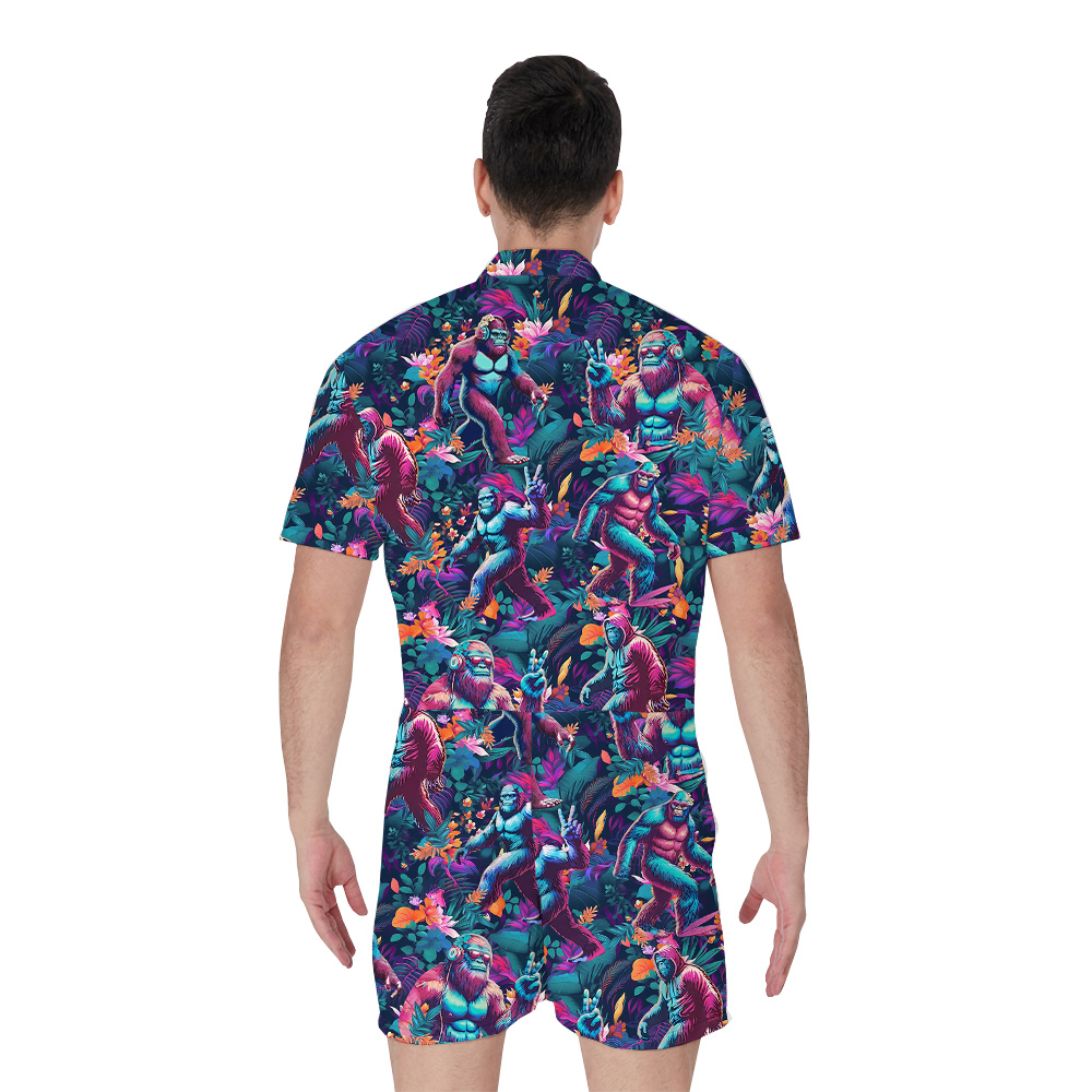 Funny Sasquatch Purple Tropical Men's Hawaiian Romper