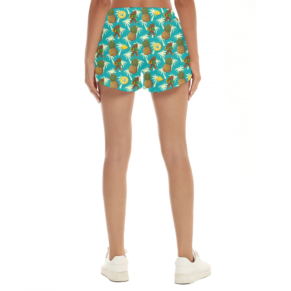 Pineapple Bigfoot Palm Tree Blue Hawaiian Beach Shorts For Women