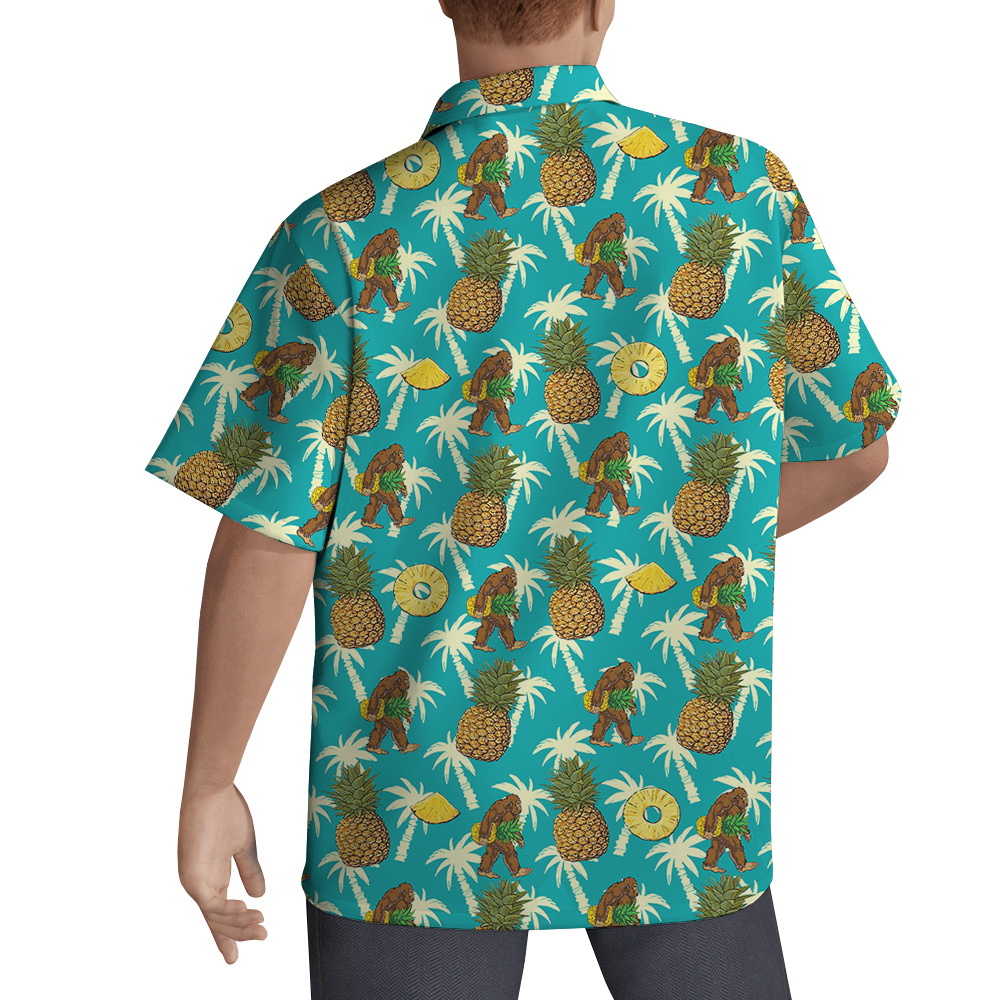 Bigfoot Pineapple Tropical Palm Trees Blue Hawaiian Shirt