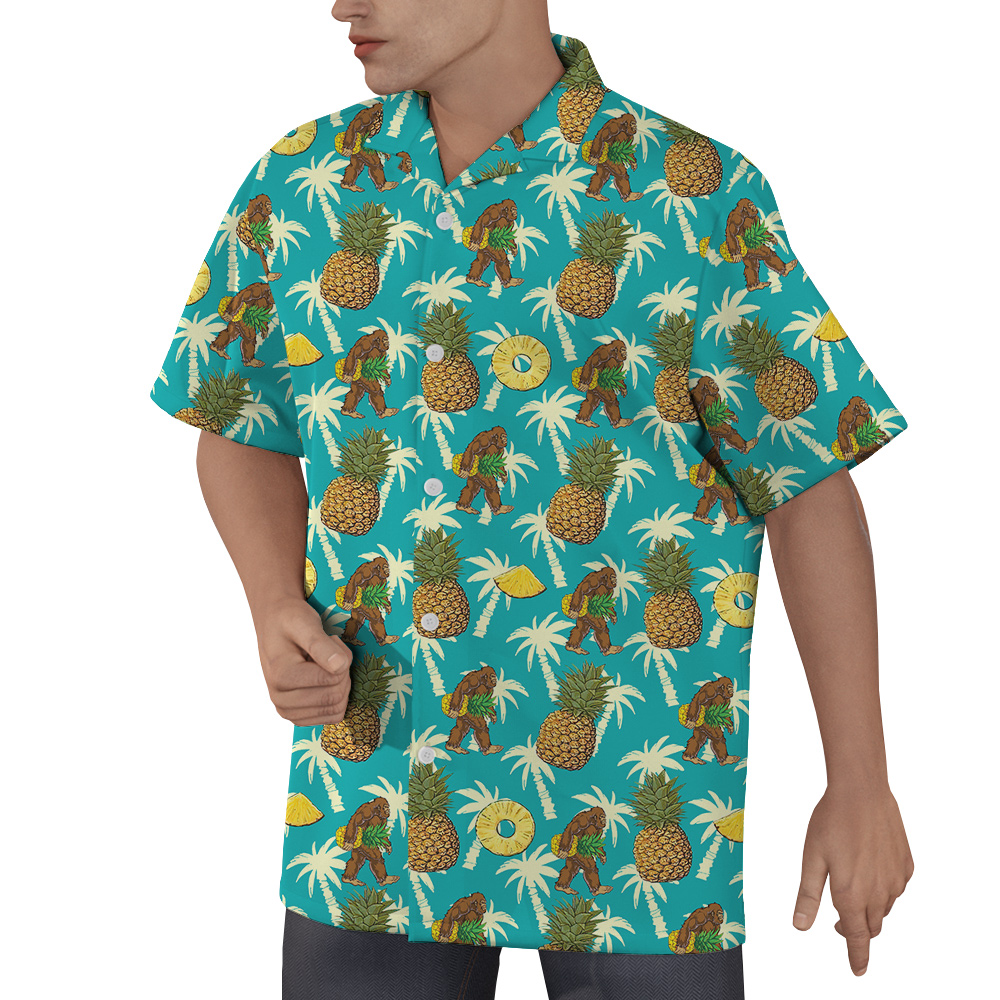 Bigfoot Pineapple Tropical Palm Trees Blue Hawaiian Shirt