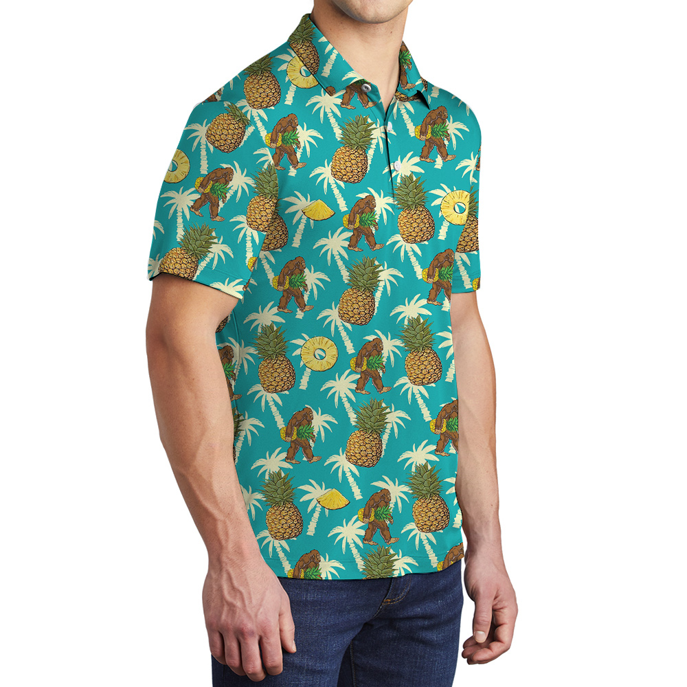 Vintage Pineapple Bigfoot Palm Trees Blue Hawaiian Polo Shirt