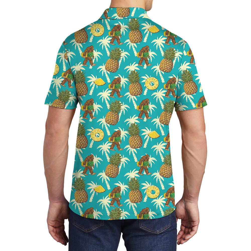 Vintage Pineapple Bigfoot Palm Trees Blue Hawaiian Polo Shirt