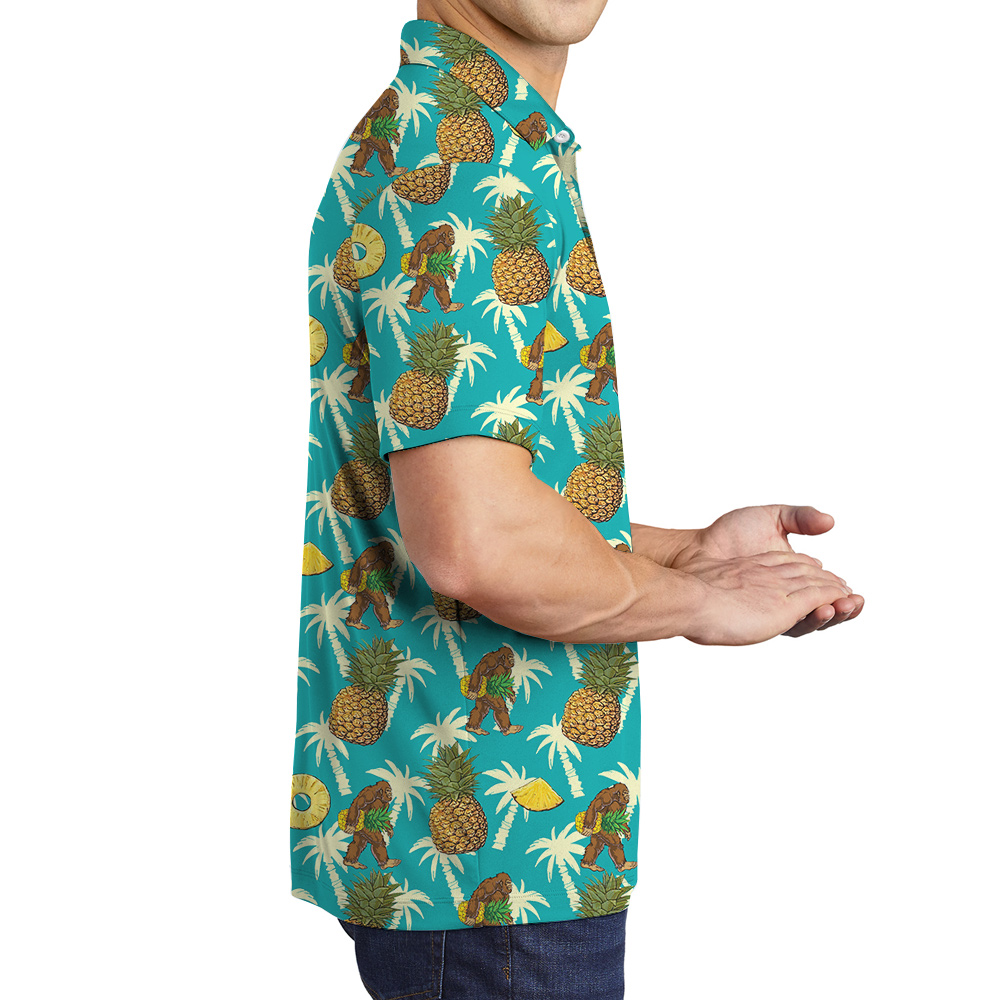 Vintage Pineapple Bigfoot Palm Trees Blue Hawaiian Polo Shirt
