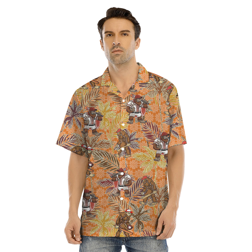 Funny Baseball Bigfoot Tropical Palm Trees Orange Matching Hawaiian Outfits For Family