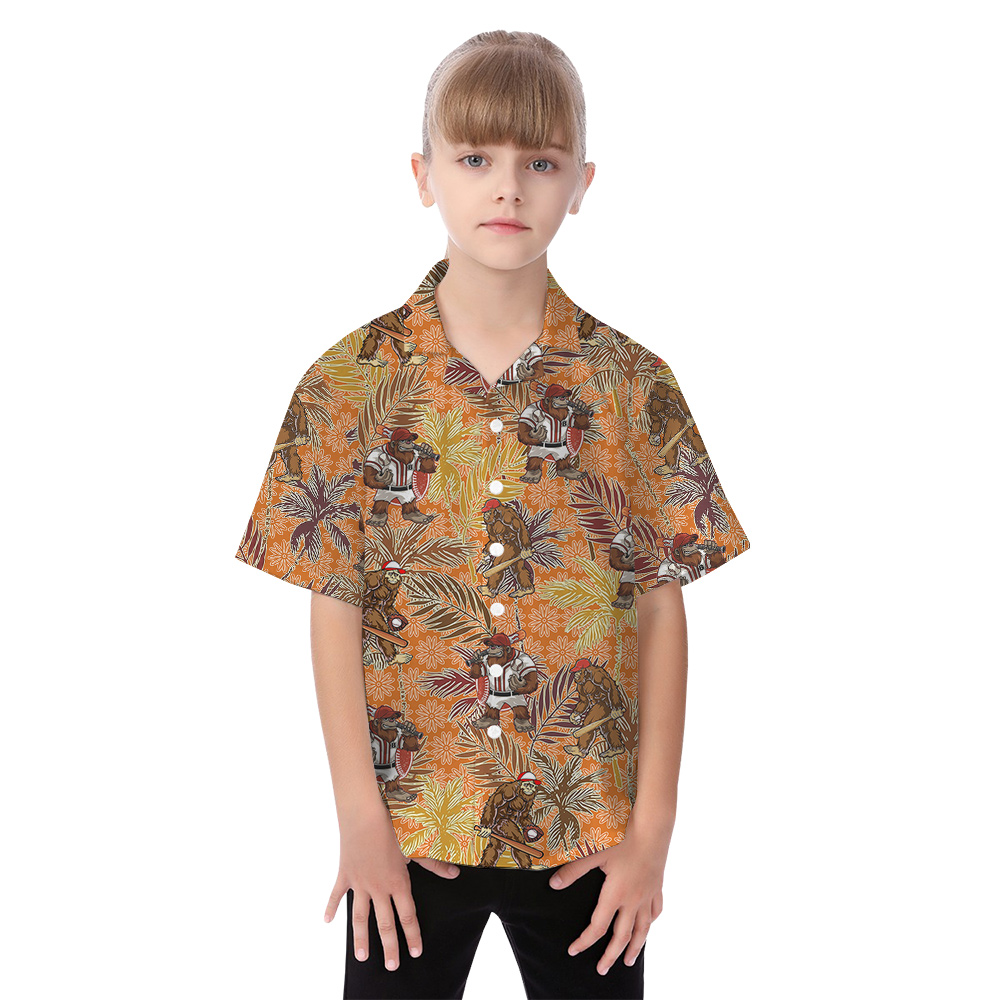 Funny Baseball Bigfoot Tropical Palm Trees Orange Matching Hawaiian Outfits For Family