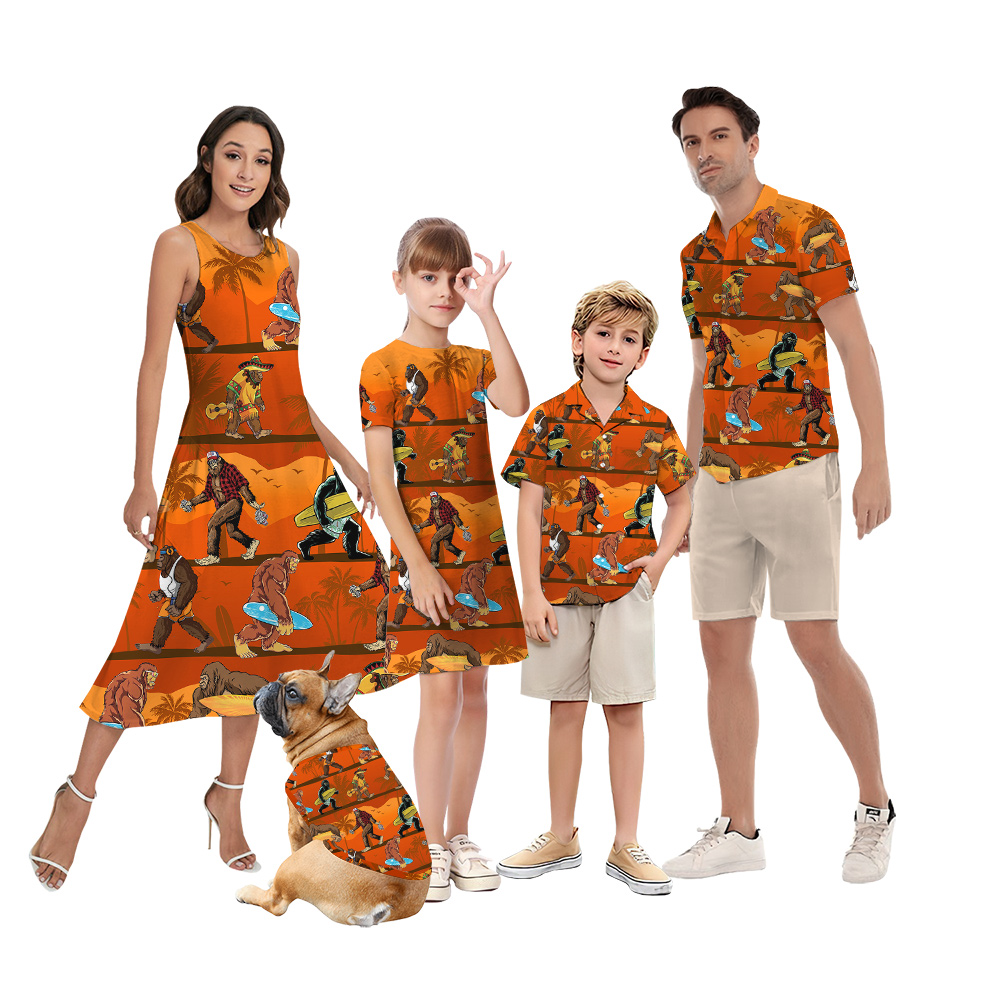 Funny Bigfoot Surfing Board Tropical Palm Trees Matching Orange Hawaiian Outfits For Family - variant image 1