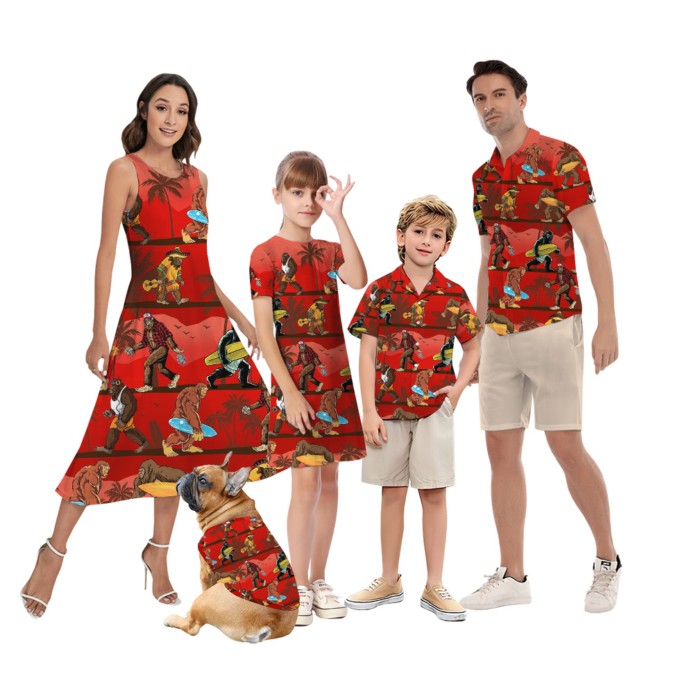 Funny Sasquatch With Surfing Board Vintage Matching Family Hawaiian Outfits - variant image 1