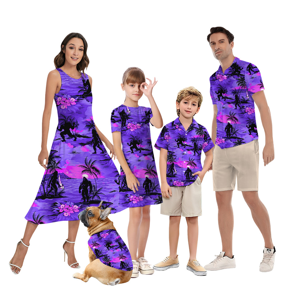 Cool Bigfoot Tropical Sunset Beach Palm Trees Matching Family Hawaiian Shirts - variant image 1
