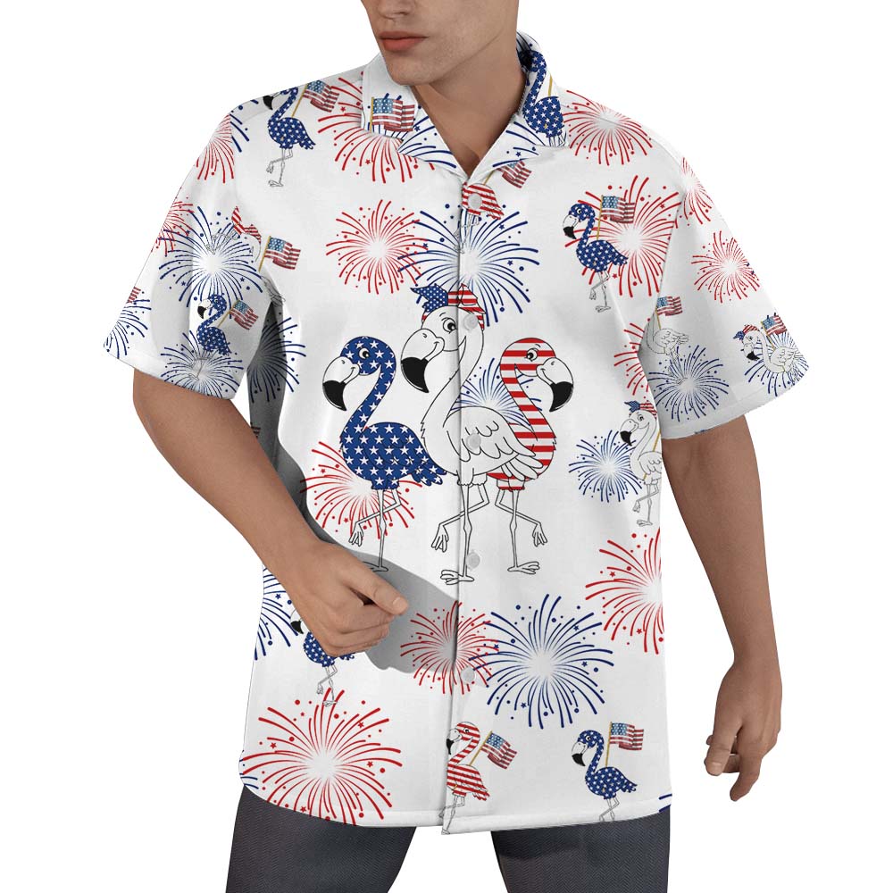 Flamingo Firework 4th Of July Men's Hawaiian Shirt - variant image 1