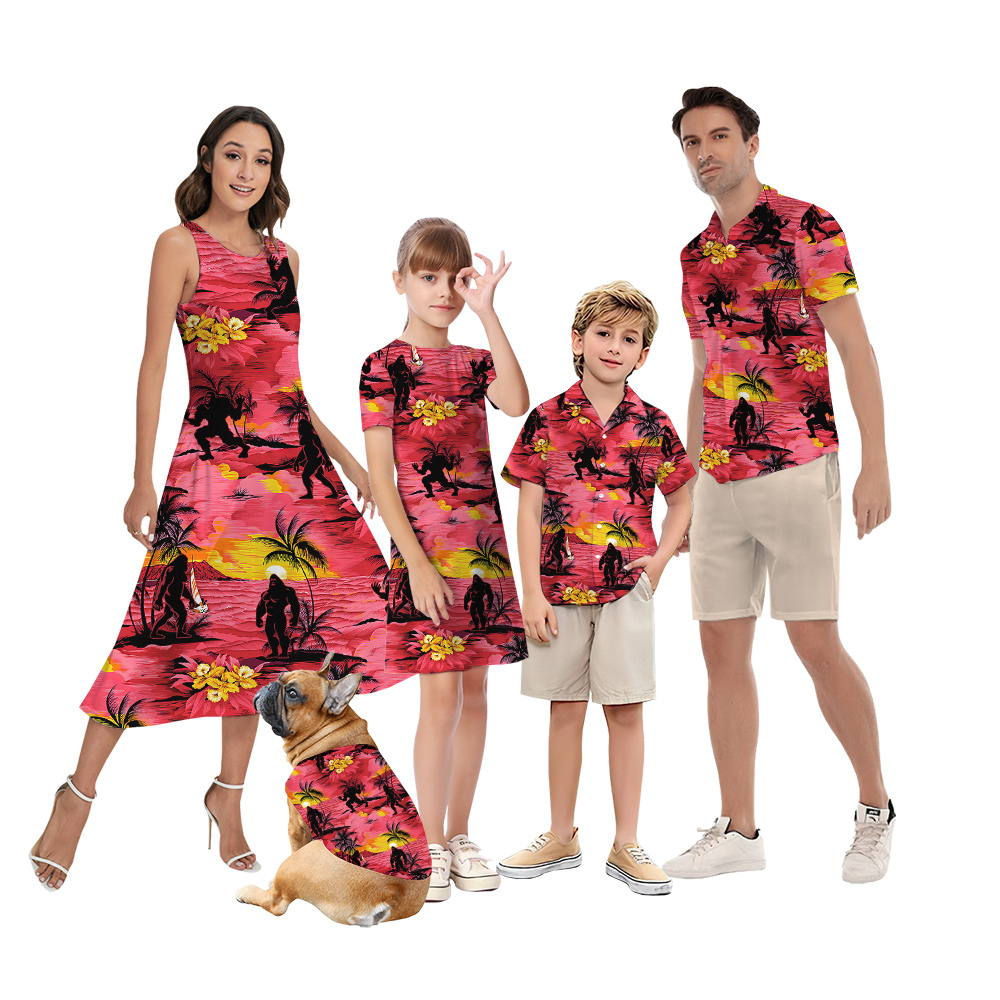 Tropical Sunset Beach Bigfoot Family Matching Red Hawaiian Outfits - variant image 1