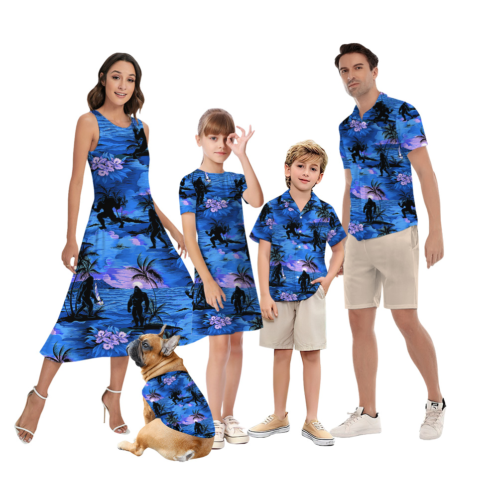 Tropical Sunset Beach Palm Trees Sasquatch Navy Matching Hawaiian Outfits For Family - variant image 1
