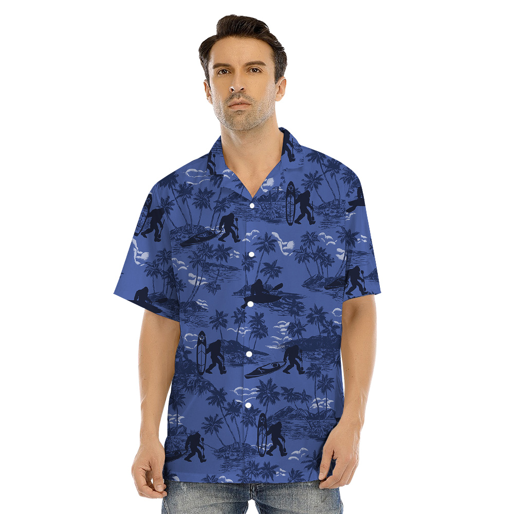 Funny Kayaking Bigfoot Palm Trees Navy Matching Hawaiian Outfits For Family