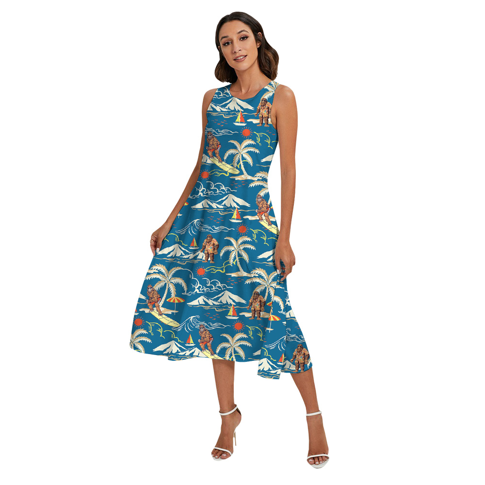 Funny Bigfoot Surfing Vintage Tropical Blue Matching Hawaiian Outfits For Family