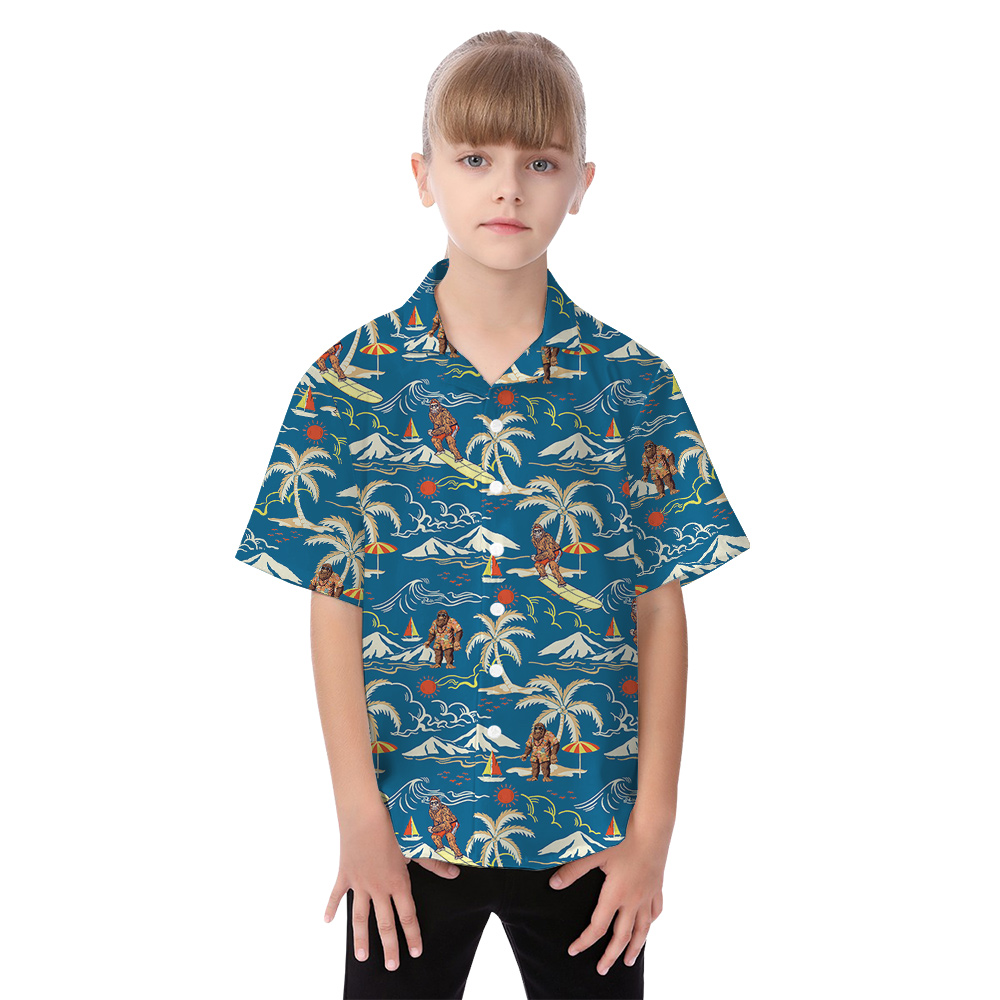 Funny Bigfoot Surfing Vintage Tropical Blue Matching Hawaiian Outfits For Family