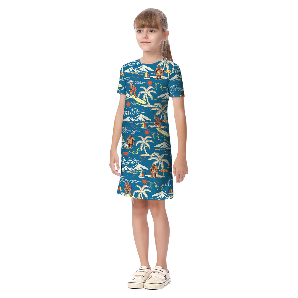 Funny Bigfoot Surfing Vintage Tropical Blue Matching Hawaiian Outfits For Family